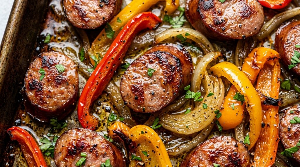 Ultra close-up macro of roasted sheet pan sausage peppers and onions sizzling with blistered edges