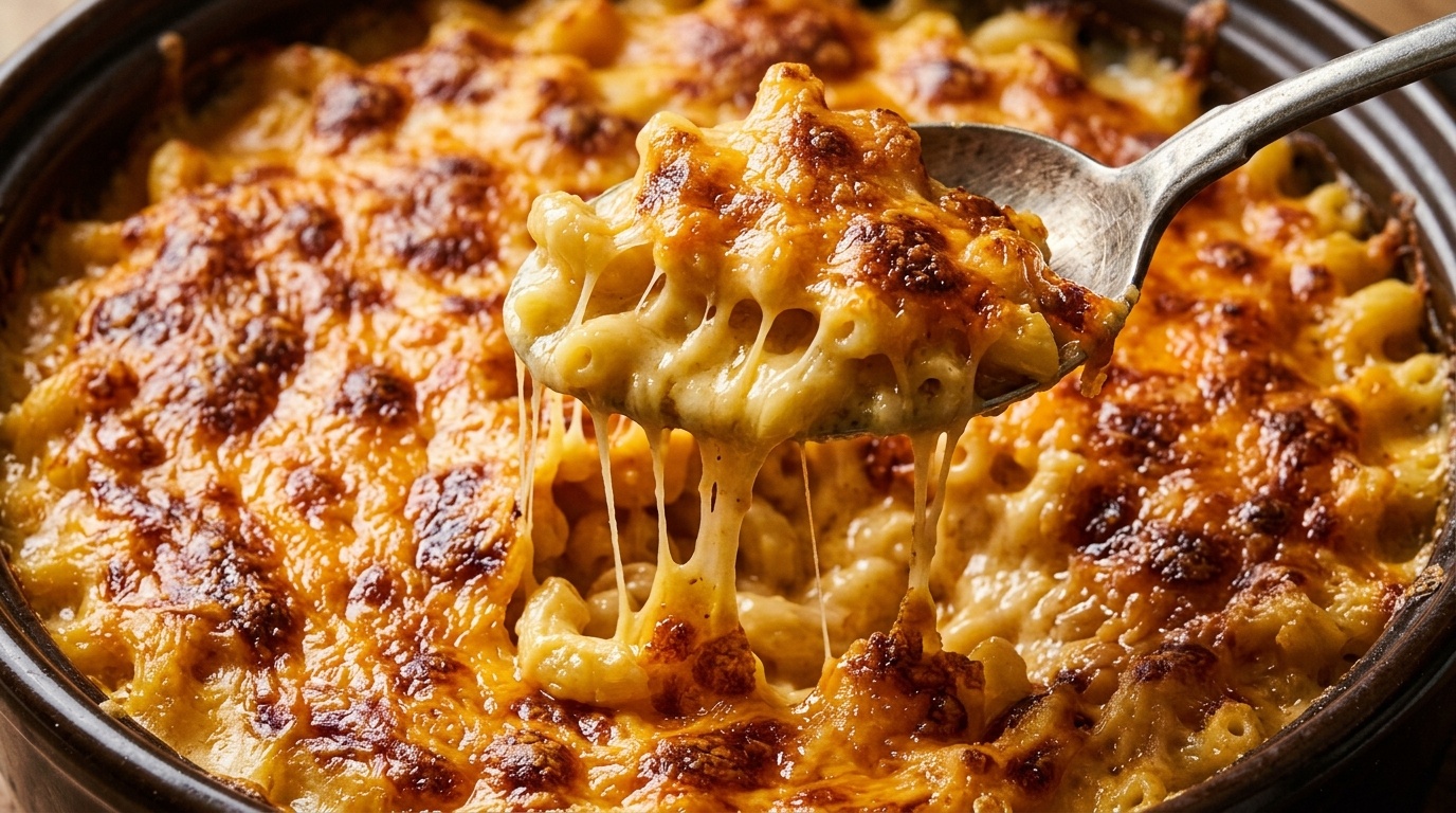 Ultra close-up macro of southern baked mac and cheese with golden blistered crust and stretchy cheese pull