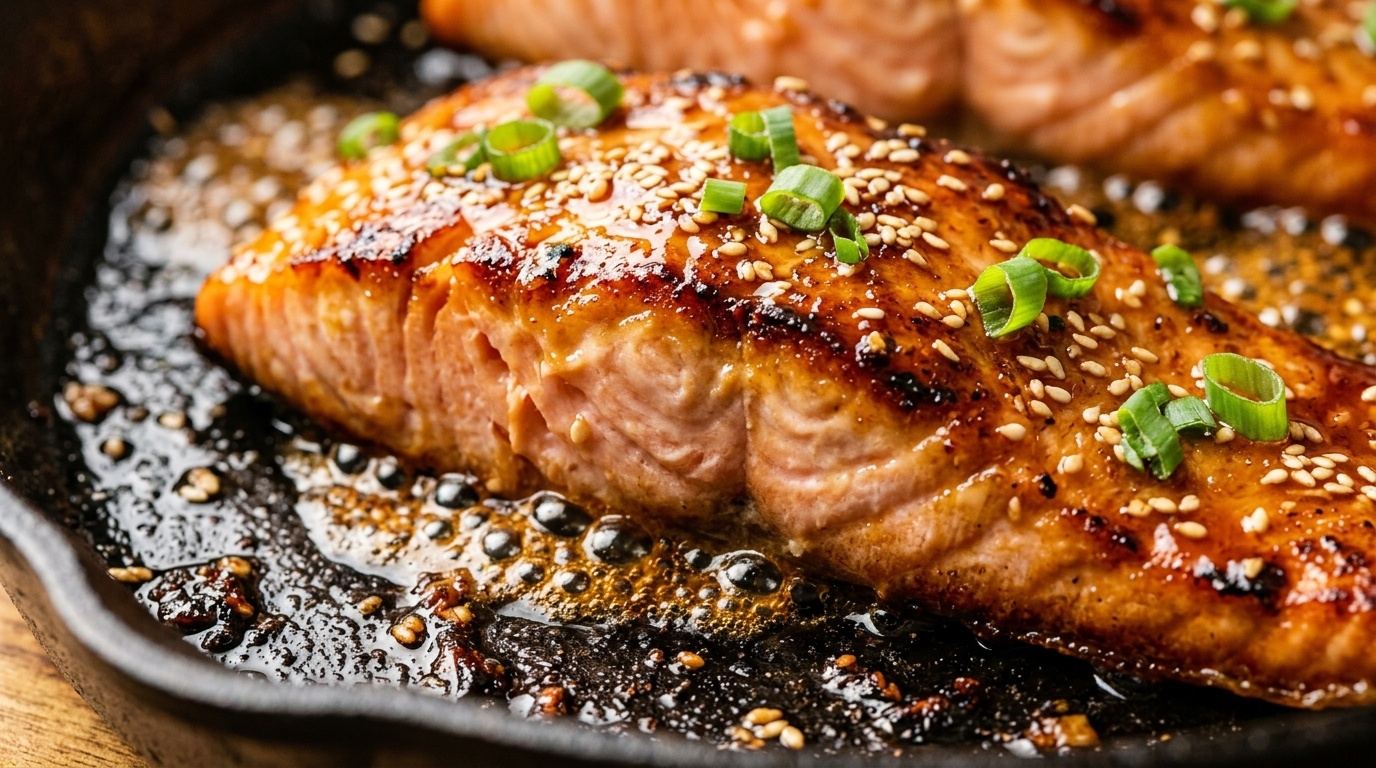 Ultra close-up macro of pan-seared honey garlic salmon fillets bubbling in glossy sweet soy glaze in a hot skillet