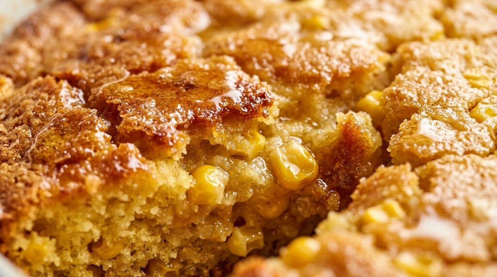 Ultra close-up macro of sweet golden cornbread casserole with golden crust and moist tender corn crumb