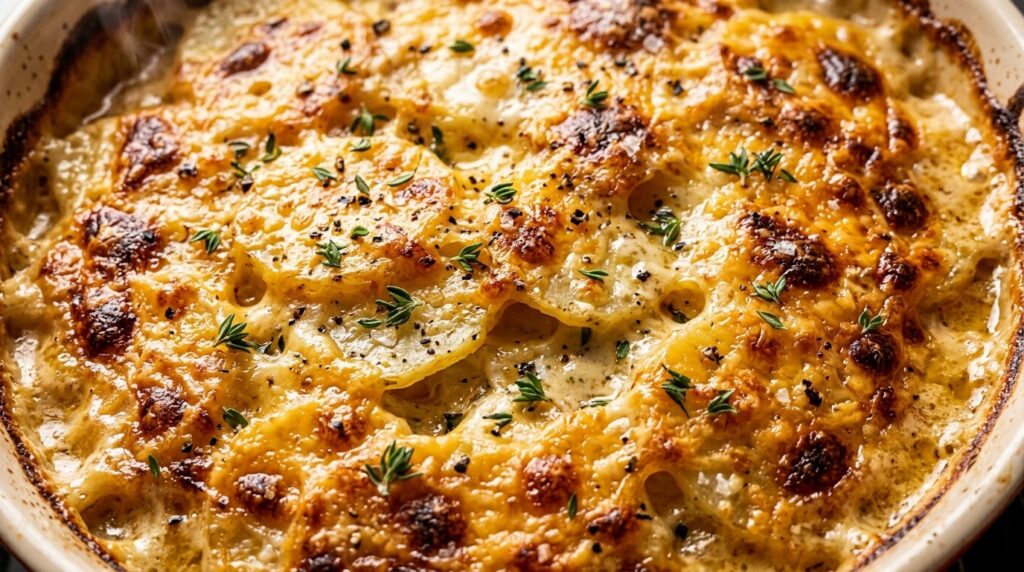 Ultra close-up macro of bubbling cheesy scalloped potatoes with golden toasted crust and tender layers