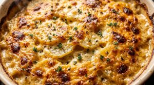 Ultra close-up macro of bubbling cheesy scalloped potatoes with golden toasted crust and tender layers